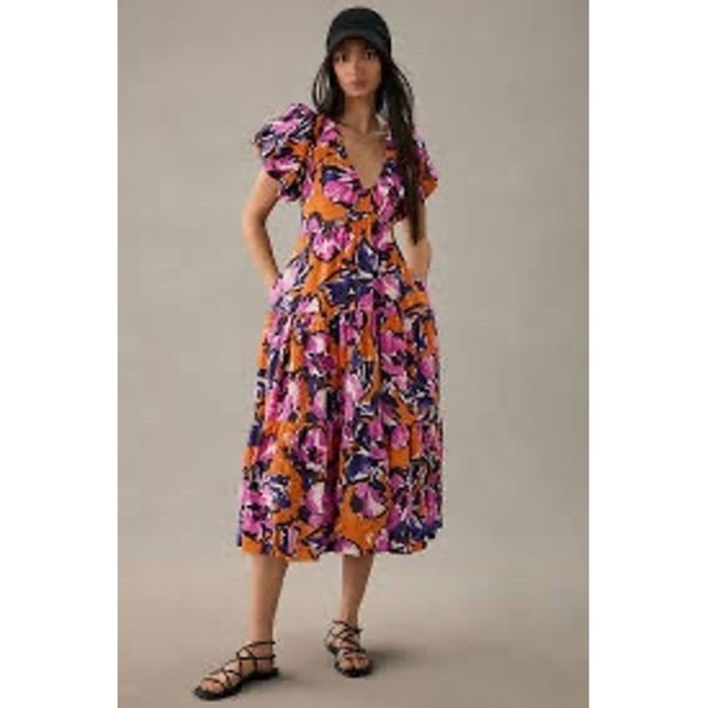 Anthropologie Maeve Floral Puff Sleeve Tiered Midi Dress Orange Purple NWT